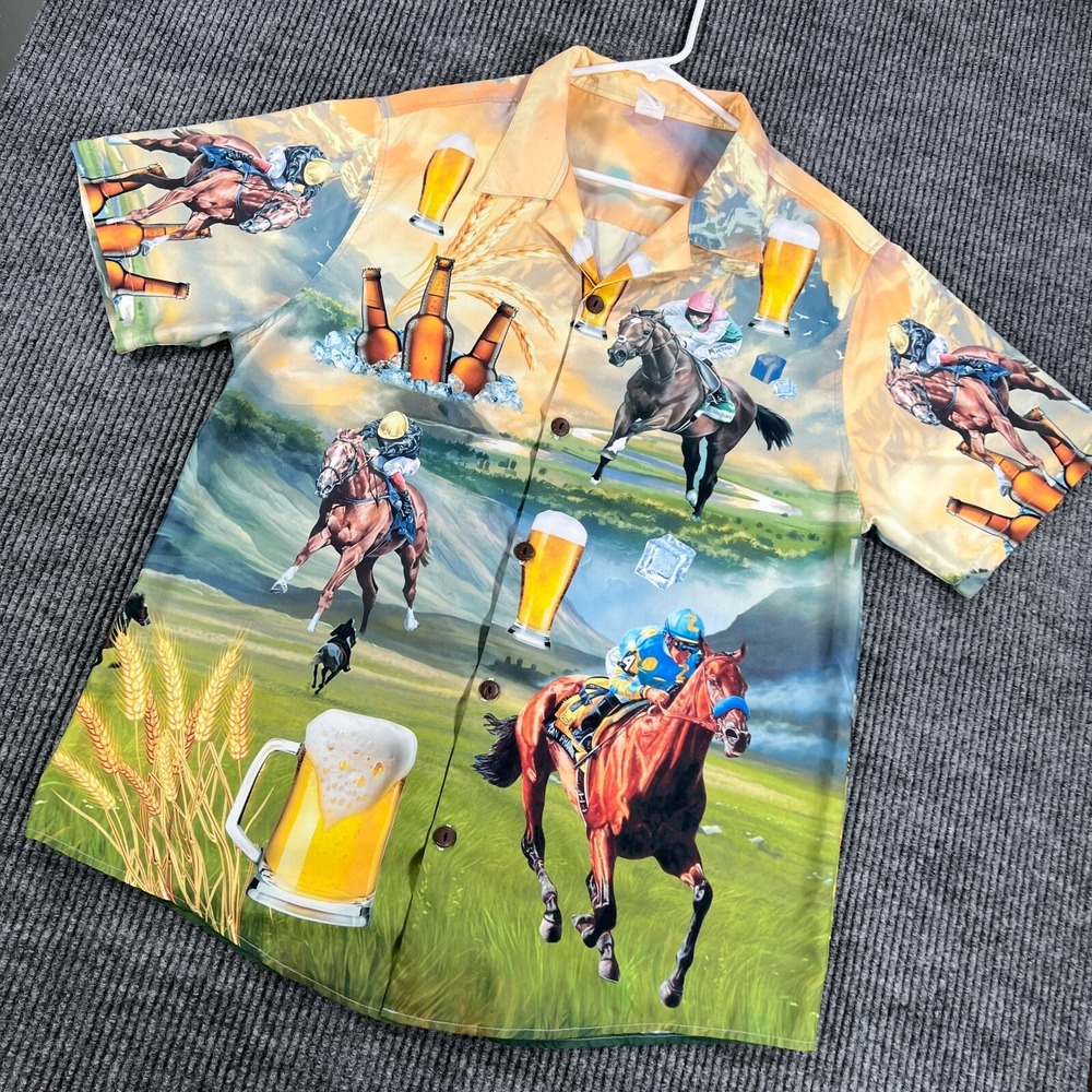 Garmet One Shirt Mens Medium Beer Horses Short Sleeve Button Up Hawaiian